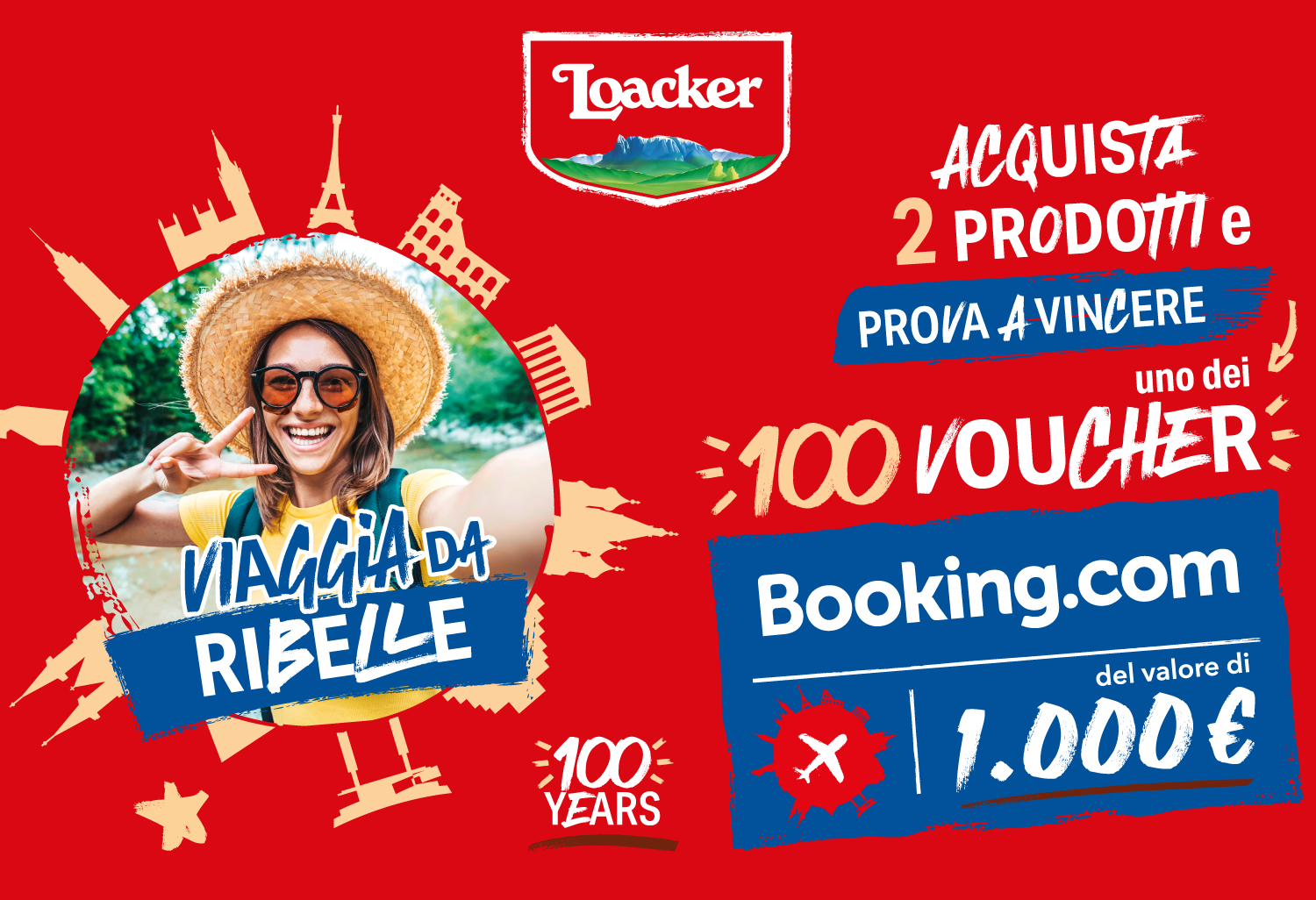 Immagine decorativa per desktop che spiega la meccanica di gioco: Con l'acquisto di 2 prodotti puoi vincere uno dei 100 voucher booking da 1000 euro